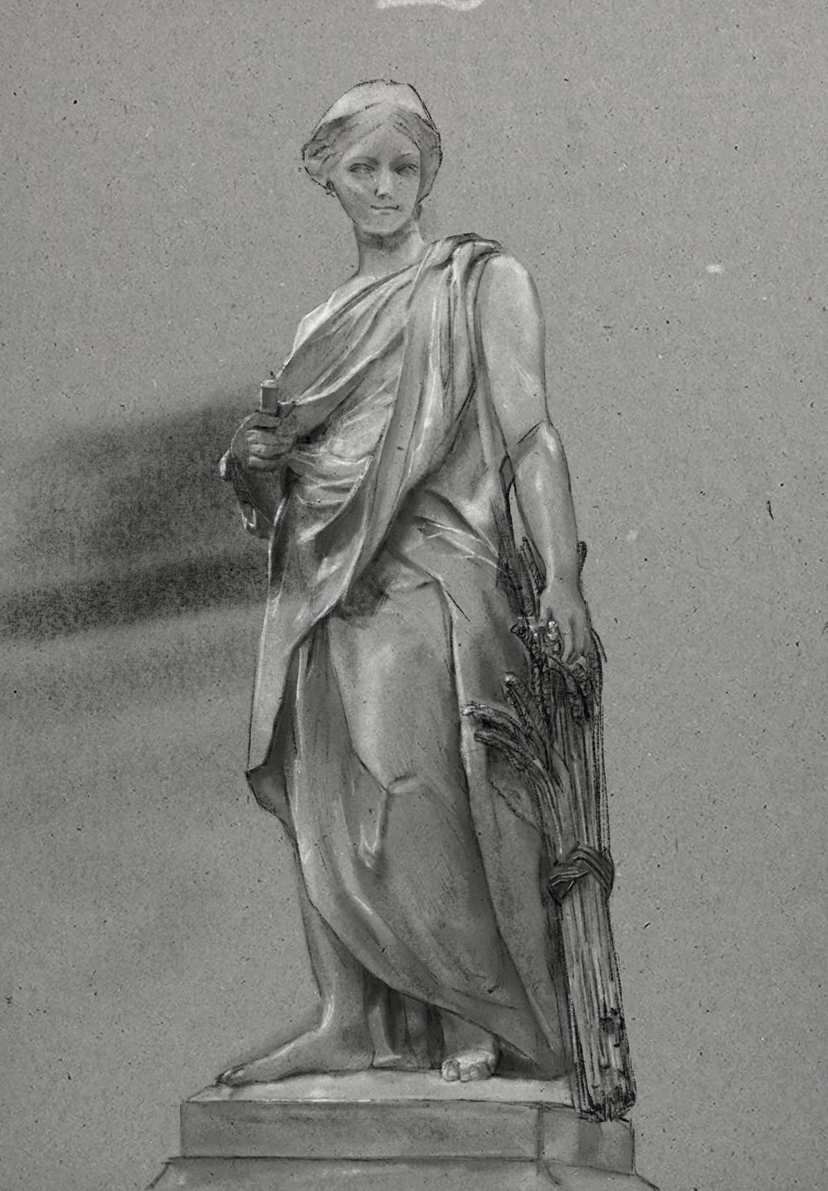 Goddess statue drawing, charcoal